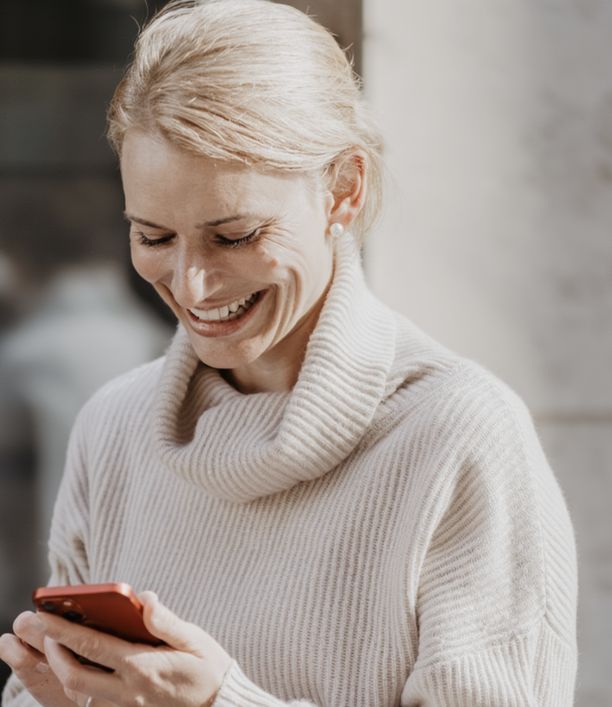 Zufriedene Kundin nimmt personalisierte Vitamine f&uuml;r gesunde Haare starke N&auml;gel und strahlende Haut
